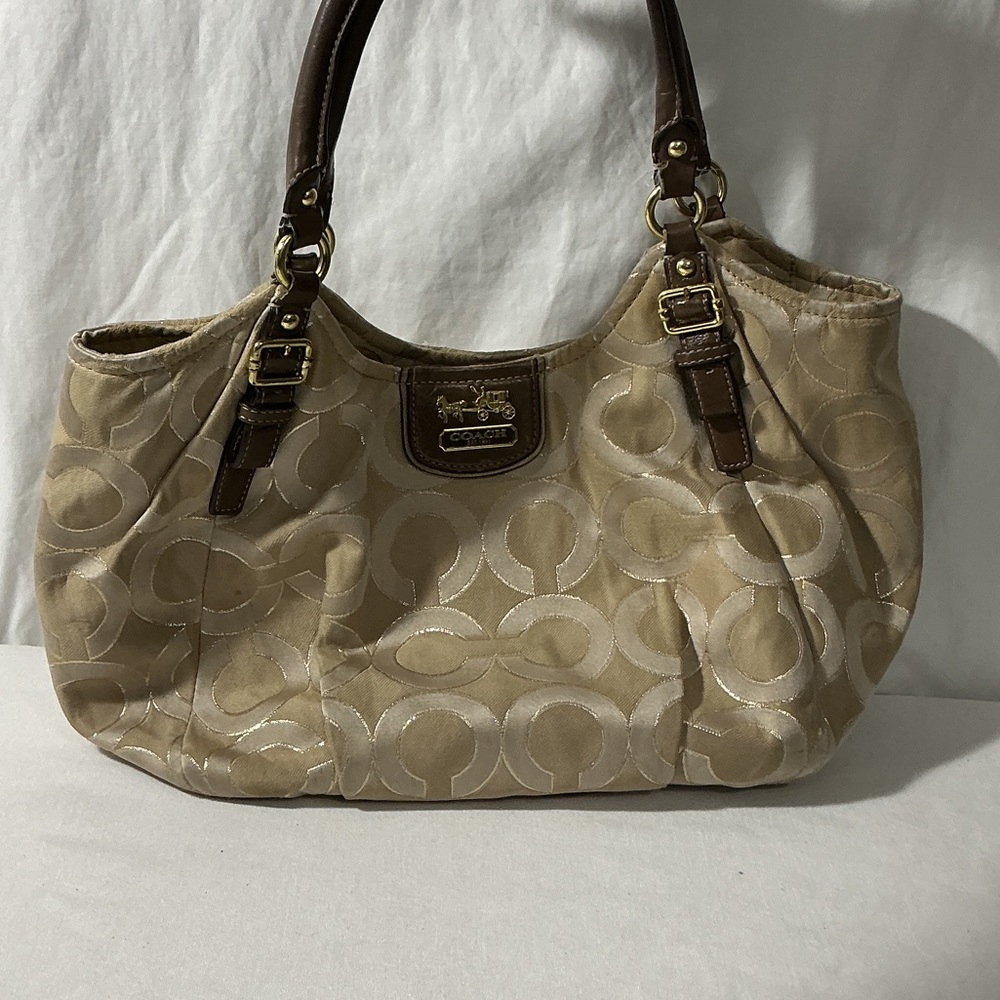 Coach Signature Jacquard Shoulder Bag in Beige with Brown Trim